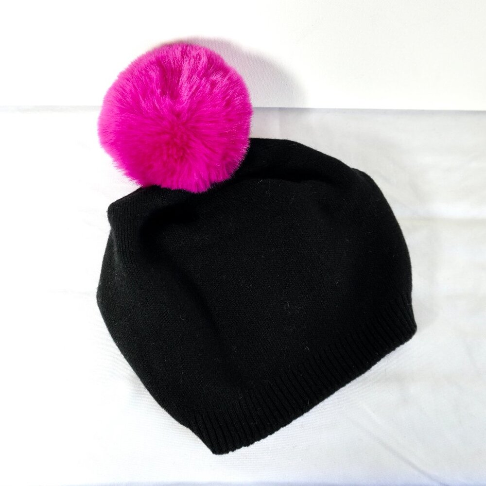 Haute Shore Beanie Brooklyn Slouch Cap Black Wool Blend Pink Faux Fur Pom Pom